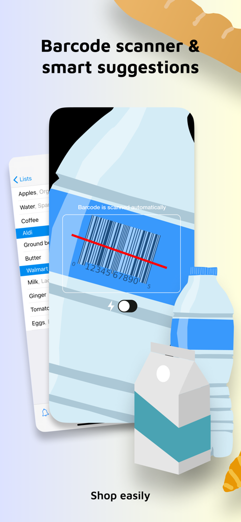 A smartphone screen showcasing the barcode scanner feature for adding groceries to a digital shopping list.