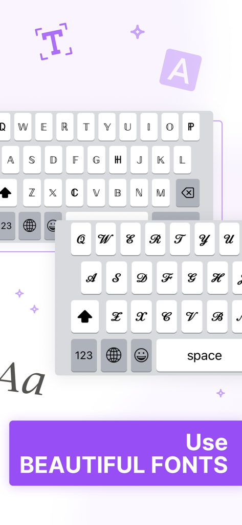 Keyboard Fonts＋Emojis＋Symbols - iPhone keyboards showcasing various aesthetic and cursive font styles