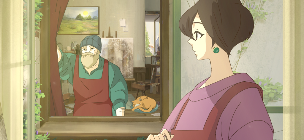 Crunchyroll: Behind the Frame - Hand-animated visual of an aspiring artist looking at an older painter in a studio