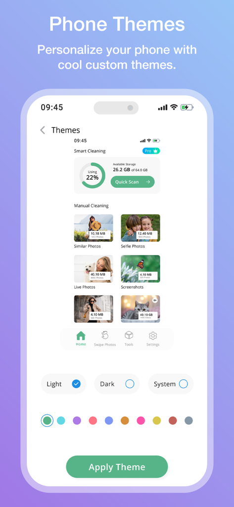 Screenshot of the Phone Themes screen in the Cleaner Kit app showing light and dark mode options and color customization palette.