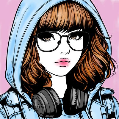 realistic teenagegirl with bangs in her hair headphones and wearing glasses and a jacket with a hoodie