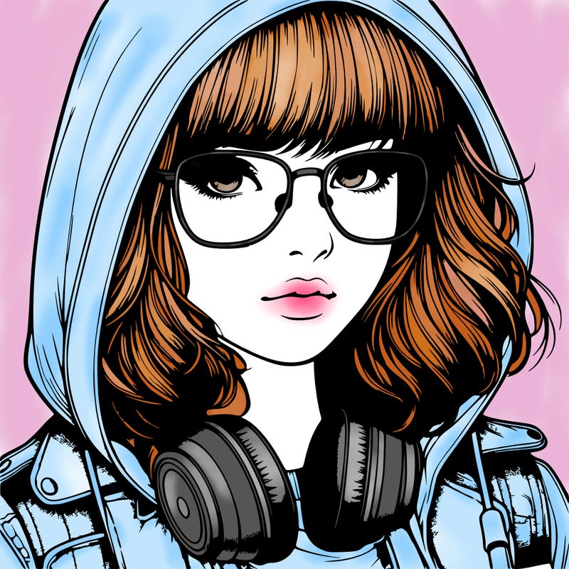 realistic teenagegirl with bangs in her hair headphones and wearing glasses and a jacket with a hoodie
