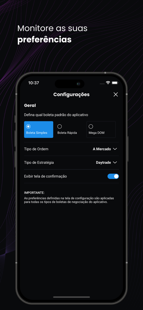 Trading settings and preferences screen in the Fast Trade mobile app.