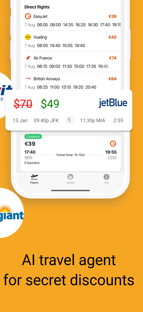 Cheap flights — Hot Deals - JetBlueの値下げ通知が表示された、さまざまな航空会社のフライト割引を表示するモバイルアプリ画面