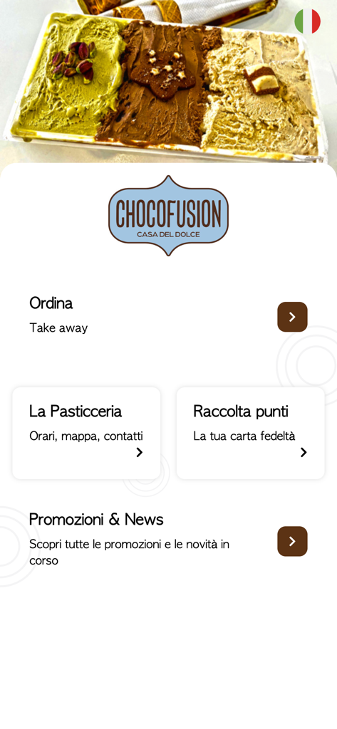 Écran d'accueil de l'application Chocofusion pour commander des desserts et visualiser les points de fidélité