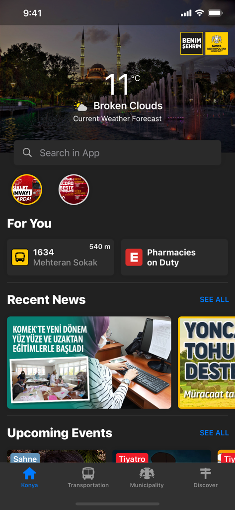 Dashboard of the Konya City Guide mobile app displaying weather transportation updates and local news
