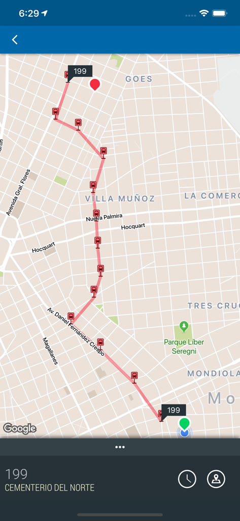 A map screen from the STM Montevideo app showing the path and stops for bus line 199.