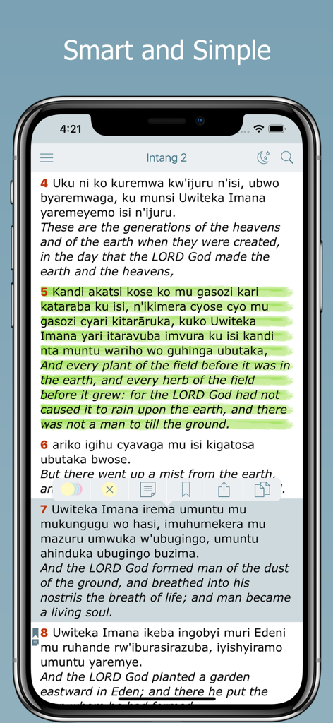 Smartphone screen showing the Kinyarwanda Bible app with verses in Kinyarwanda and English and green highlighting