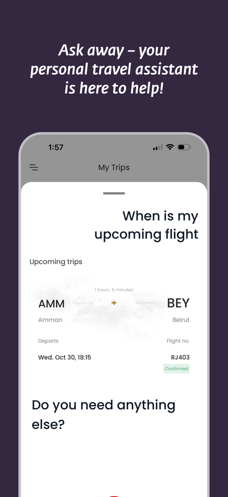 Royal Jordanian Airlines - 암만에서 베이루트행 예정 항공편 정보와 개인 여행 도우미를 보여주는 로열 요르단 항공 앱 화면.