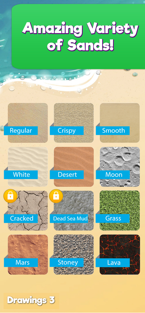 Sand Draw: Beach Wave Art Game - A menu showing a variety of sand and surface textures for drawing including desert, moon, and lava