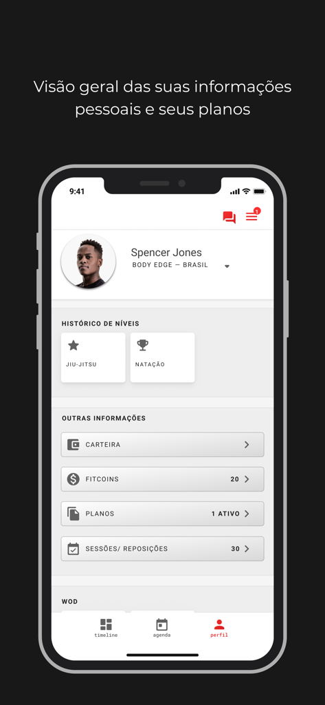Interfaz de perfil de usuario en la aplicación de fitness Selfit que muestra planes de gimnasio y el historial de actividad