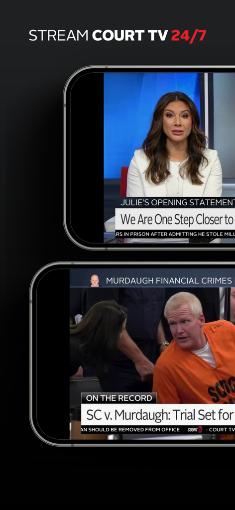 Interface de l'application mobile Court TV montrant la couverture des procès en direct et les reportages juridiques