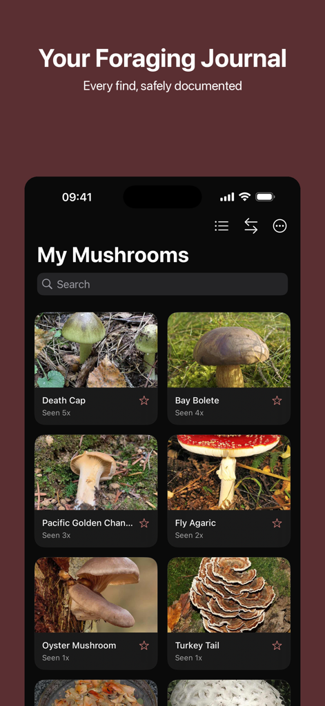 Foragr AI: Mushroom ID - A personal collection of identified mushrooms within the Foragr AI app journal.