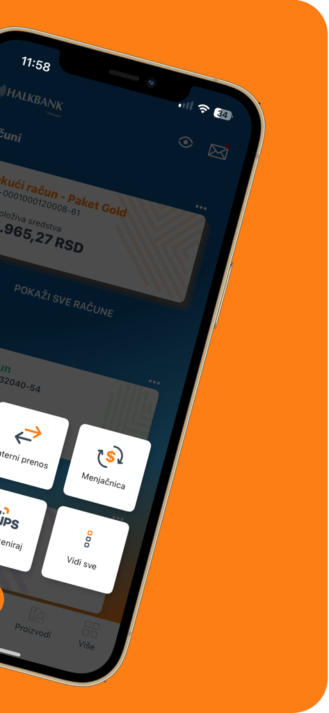 Interfaccia dell'app mobile SmartHALK mBanking che mostra il saldo del conto e le icone di accesso rapido per il cambio valuta e i trasferimenti