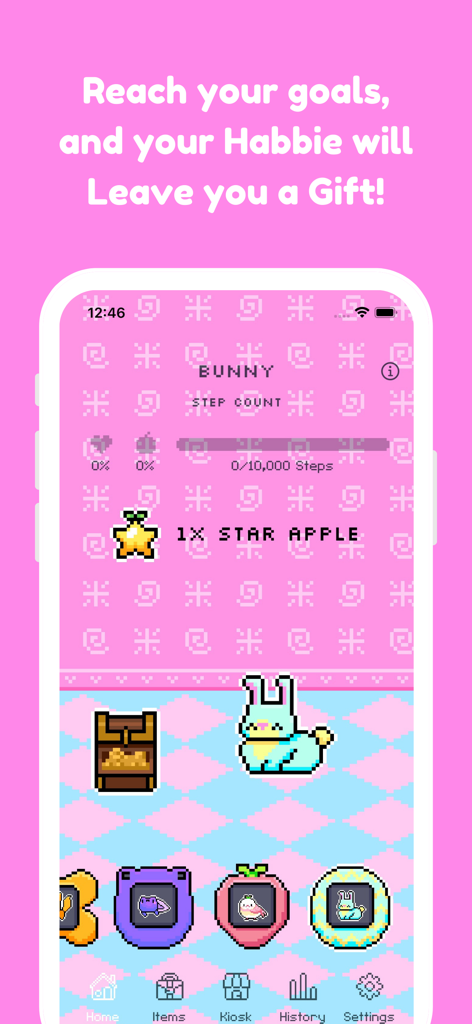 Habbie: Habit Tracker & Pet - Habbie app interface showing a pixel art bunny receiving a star apple gift for achieving habit goals.