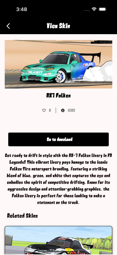 Skins for FR Legends - Visualização da skin de carro RX7 Falken e detalhes de download no aplicativo Skins para FR Legends