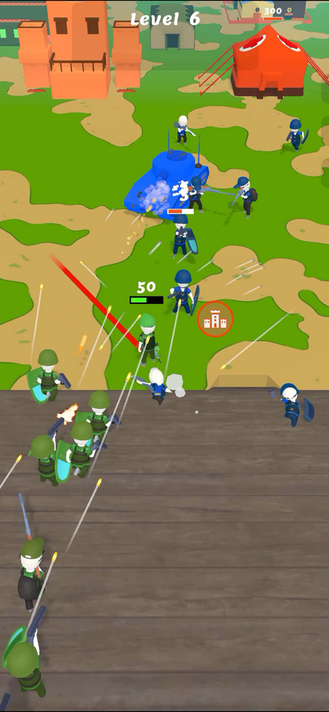 Island Warfare 3D: Guns' Land - Top down 3D gameplay showing soldiers and a tank in a military battle on a green island