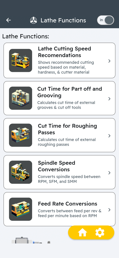Mobile app interface showing various lathe machining functions including cutting speed recommendations and feed rate conversions.