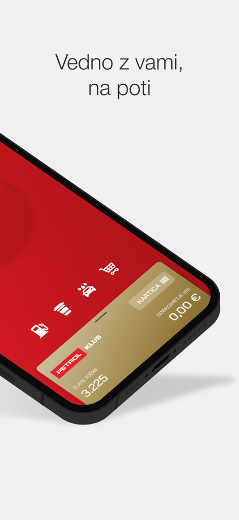 Petrol GO - Pantalla del smartphone mostrando la aplicación Petrol GO con puntos de lealtad e iconos de servicio