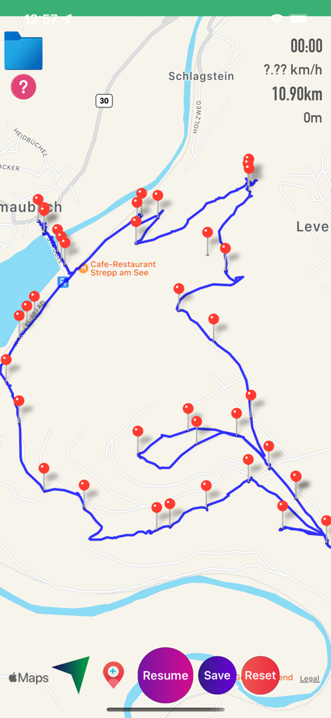 Map screen of the GPX Viewer app displaying a blue GPS track with multiple red pin markers and route statistics