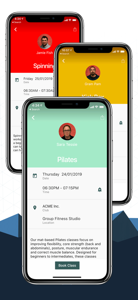 GymMaster Member app screens displaying fitness class details and booking options