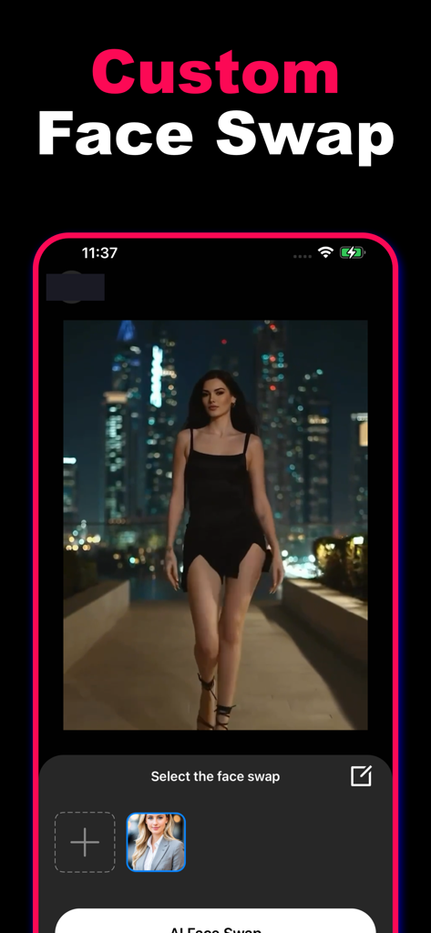 FaceChanger Pro:Face Swap AI - Screenshot of FaceChanger Pro app featuring the custom face swap interface with a nighttime city background