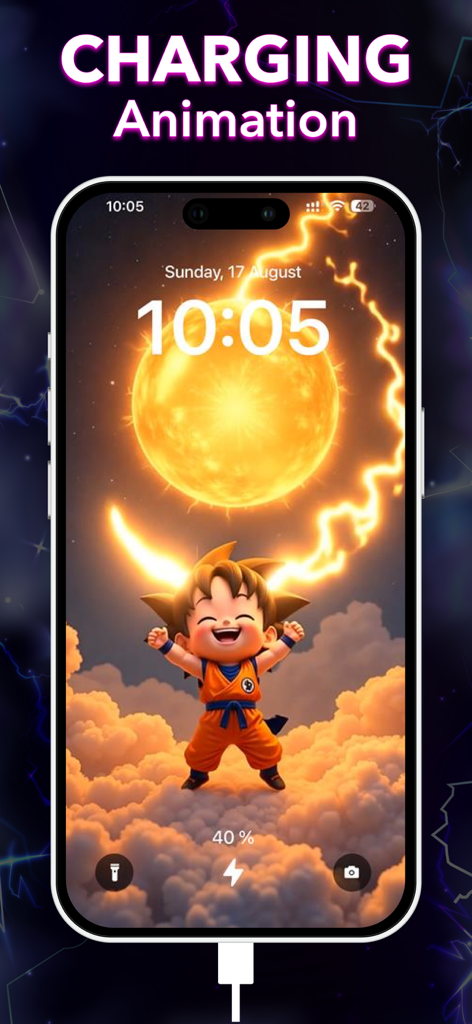 island + Charging Animations. - Uma animação de carregamento personalizada do iPhone apresentando um personagem de anime alegre em pé sobre nuvens com uma bola de energia brilhante