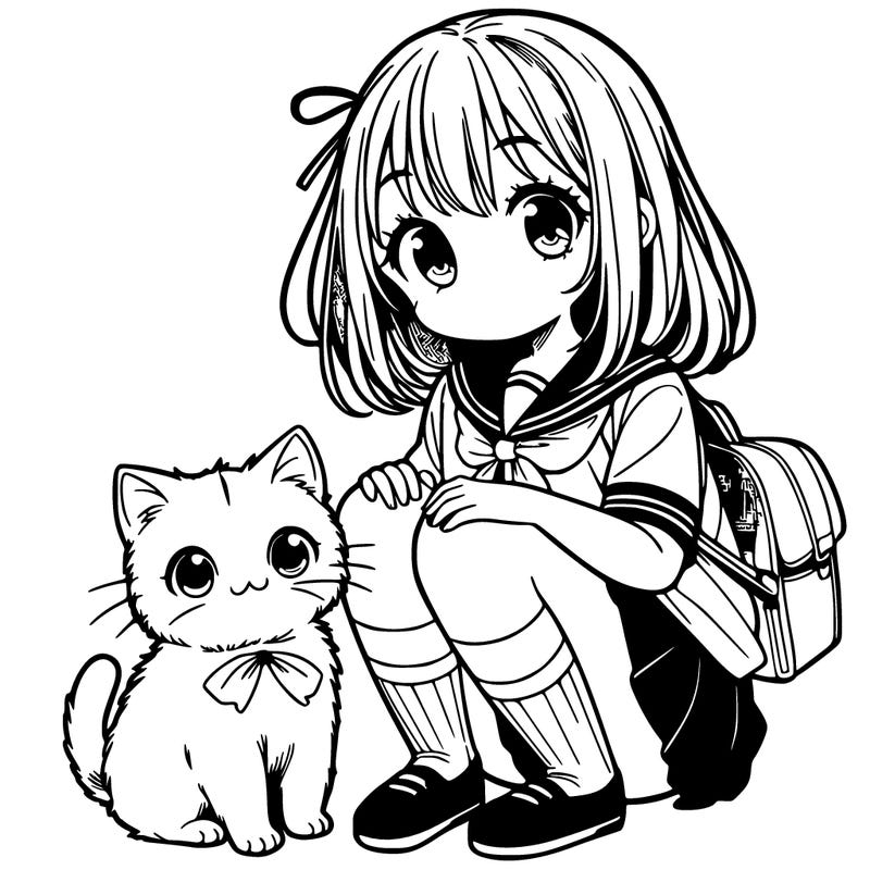 manga girl with pet cat