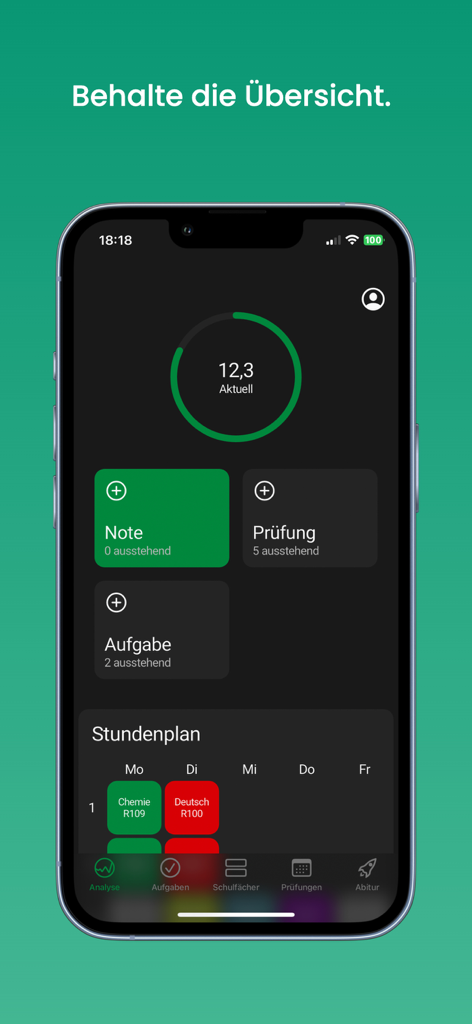 Dashboard of AbiPlaner app showing current grade average and school timetable on a smartphone