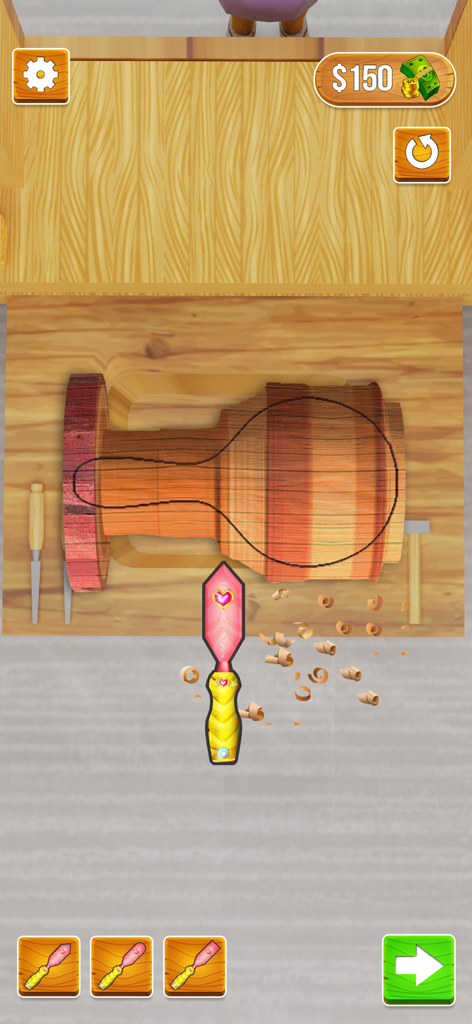 Wood Carving 3D - A 3D wood carving simulation showing a lathe carving a piece of wood