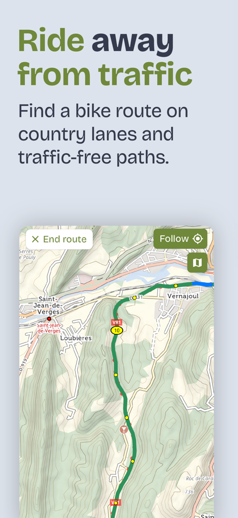 Cycle travel app map interface showing a traffic free bicycle route