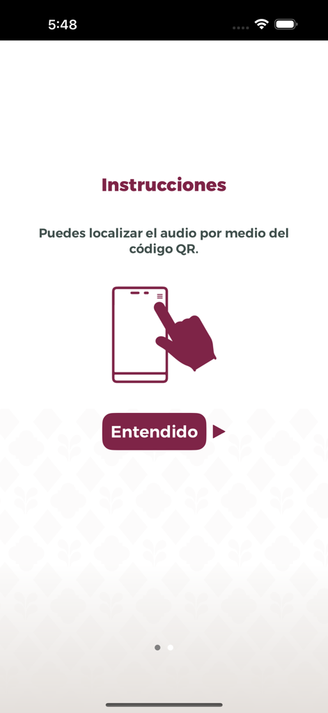 La Ciudad Como Museo - App instruction screen explaining how to access audio guides by scanning QR codes on buildings