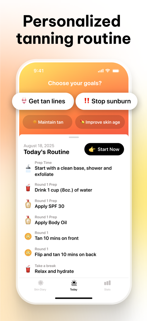 SunRay Tanning Routine App - A mobile app interface displaying a personalized tanning routine checklist with goals like getting tan lines and stopping sunburn.