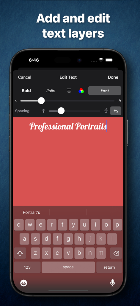 Like A Frame - Like A Frame app interface for adding and editing text layers on photos