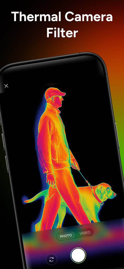 Smartphone screen showing a thermal heat map filter applied to a man walking his dog