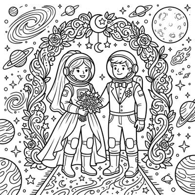 Embark on a celestial journey with this unique astronaut wedding coloring page, designed especially for teens. Witness a romantic union amidst stars and planets, ready for your creative touch.