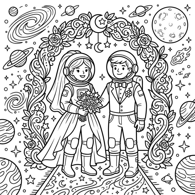 Embark on a celestial journey with this unique astronaut wedding coloring page, designed especially for teens. Witness a romantic union amidst stars and planets, ready for your creative touch.