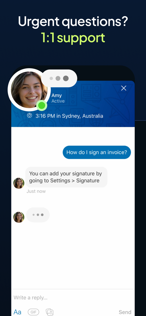 Invoice Maker & Estimate App - Chat interface for 1 on 1 customer support within the Bookipi invoice app