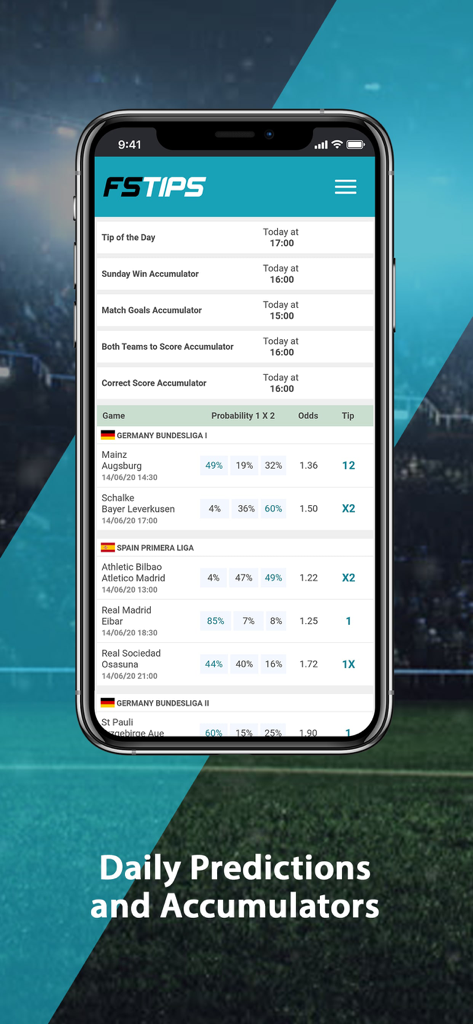 Aplicativo Football Super Tips exibindo previsões de jogos de futebol e odds de apostas
