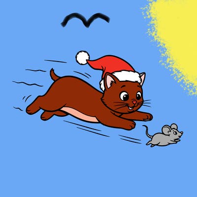 cat with santa hat and chasing a mouse easy mode