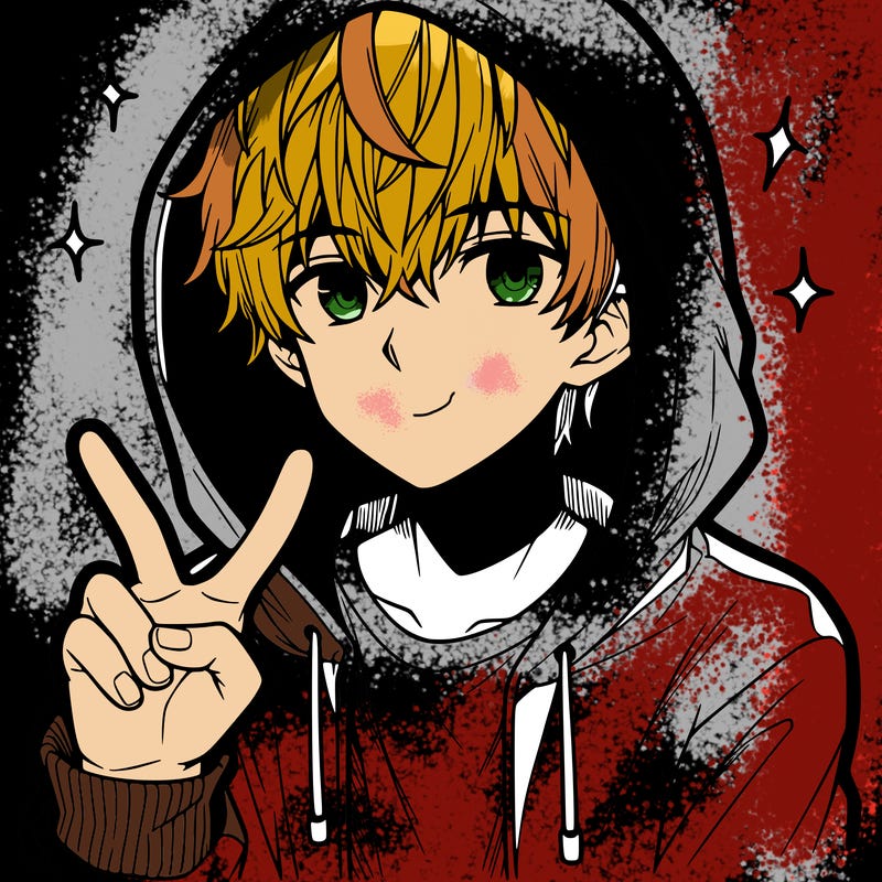 teenage manga boy in a hoodie, doing ✌