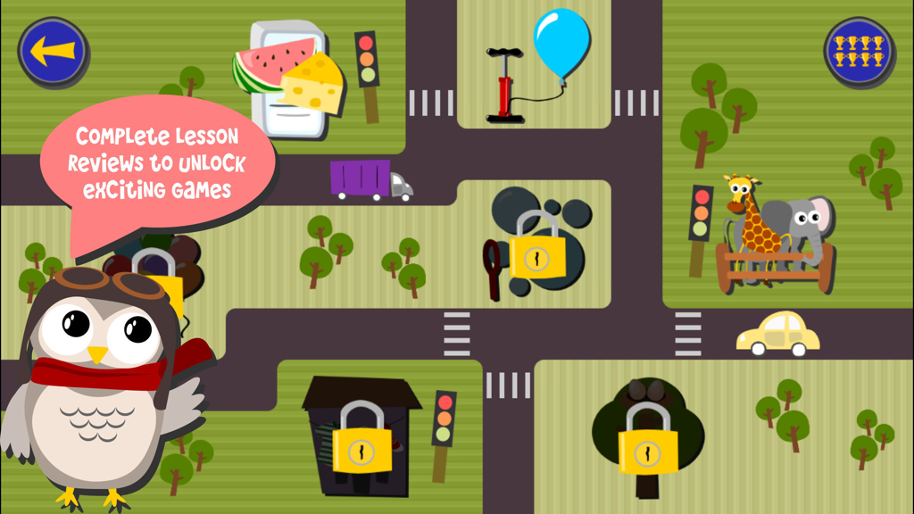 Gus on the Go: Cantonese - Gus the owl standing next to a map of Cantonese language lessons with locked games to unlock.