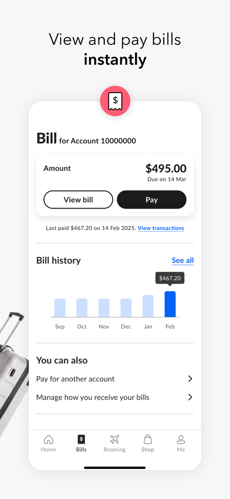 Interfaccia dell'app My Singtel che mostra le opzioni di pagamento delle bollette e il grafico dello storico delle bollette mensili
