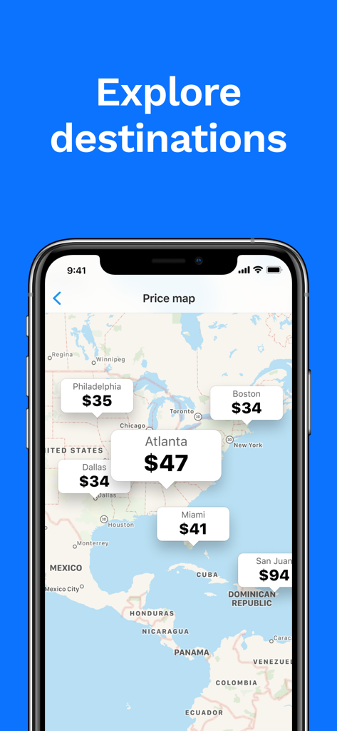 Cheap flights – WayAway - WayAway app interface showing a price map with cheap flight deals to various US cities
