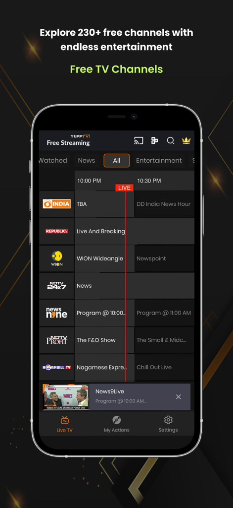 YuppTV - Live TV & Movies - YuppTV app interface showing a guide for over 230 free Indian live TV channels including news and entertainment.