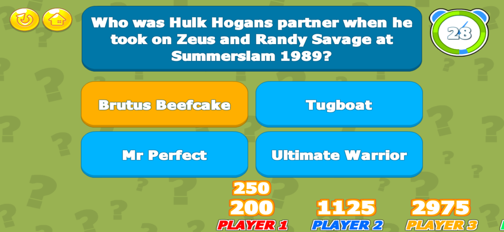 Wrestling Trivia­ - Wrestling Trivia Party Mode screen with a question about 1989 Summerslam and multiple choice answers.