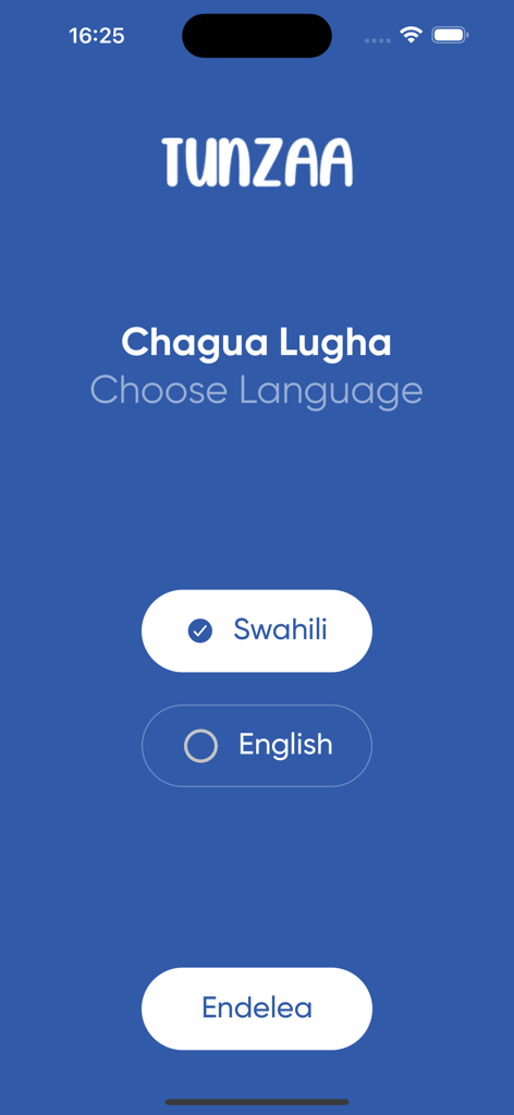 Language selection screen for the Tunzaa app offering Swahili and English options