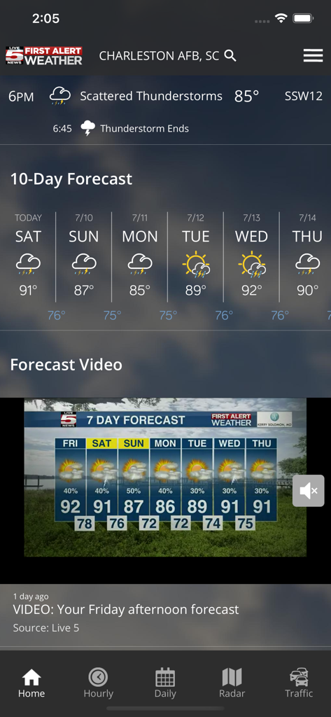 WCSC Live 5 Weather - WCSC Live 5 Weather app interface showing local forecast and video updates