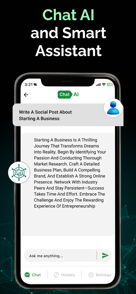 AI Chat: Smart AI Assistant - AI Chat Smart Assistant interface generating a social media post on a smartphone