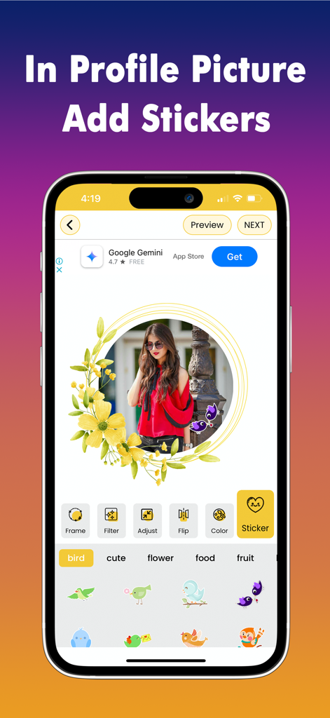 Social Profile Maker - Interfaz de la aplicación Social Profile Maker mostrando pegatinas y marcos florales para fotos de perfil.